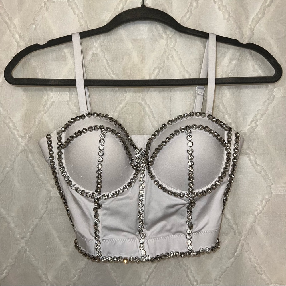Lydia Boutique White Rhinestone Bustier Bra Top with Corset Boning | Size S